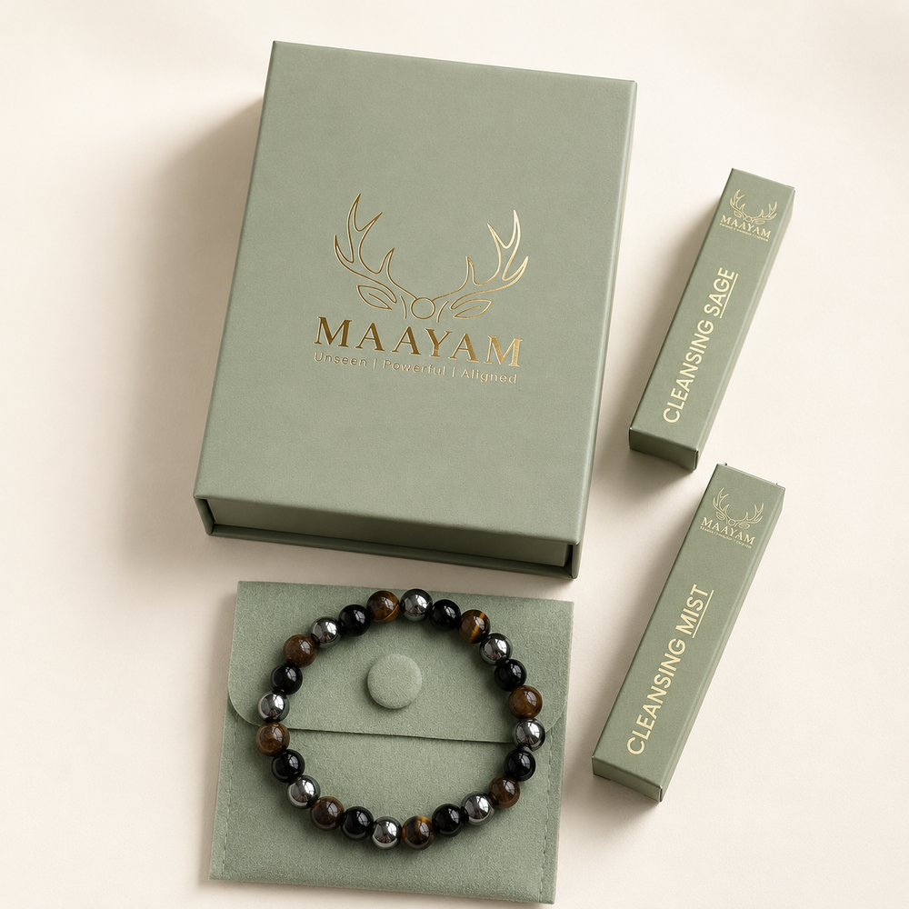 Triple protection crystal bracelet Hematite Black Obsidian Tiger Eye — Maayam India