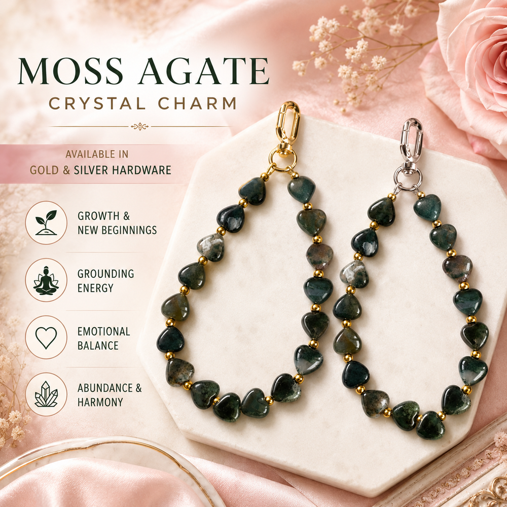 Heart Phone Charm – Moss Agate — crystal charm for growth and new beginnings — Maayam India