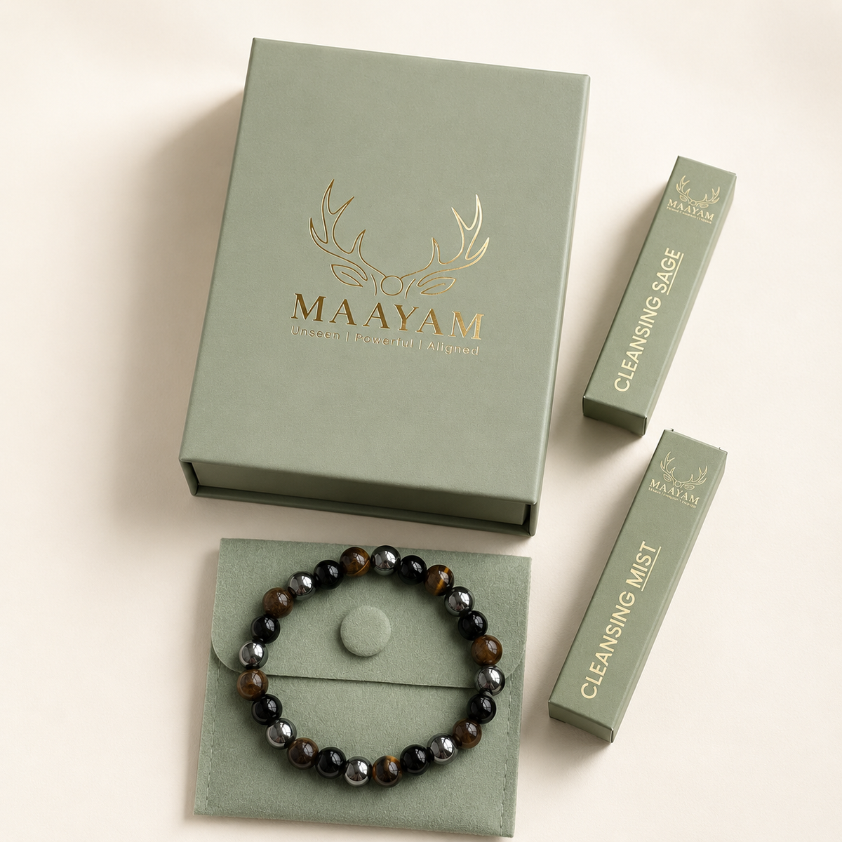 Triple protection crystal bracelet Hematite Black Obsidian Tiger Eye — Maayam India