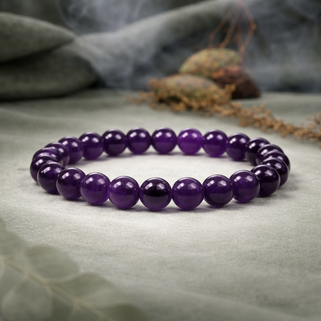 Natural amethyst crystal bracelet close-up — Maayam India