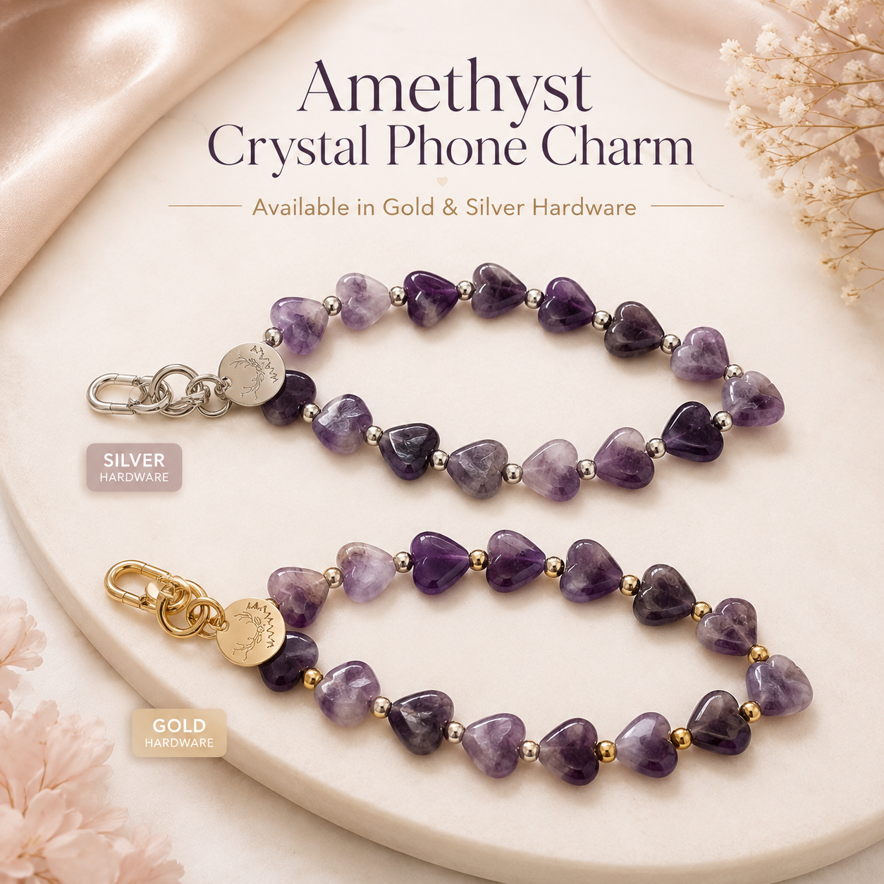 Heart Phone Charm – Amethyst close-up detail of natural crystals — Maayam India