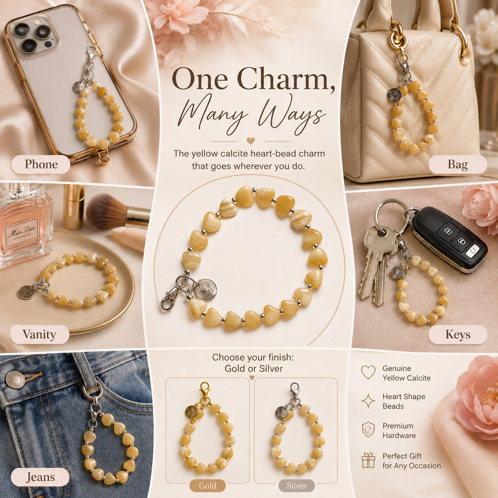 Heart Phone Charm – Yellow Calcite lifestyle view — Maayam India