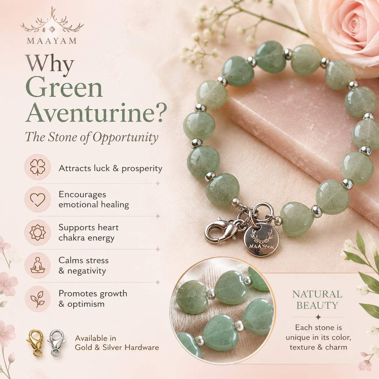 Heart Phone Charm – Green Aventurine close-up detail of natural crystals — Maayam India