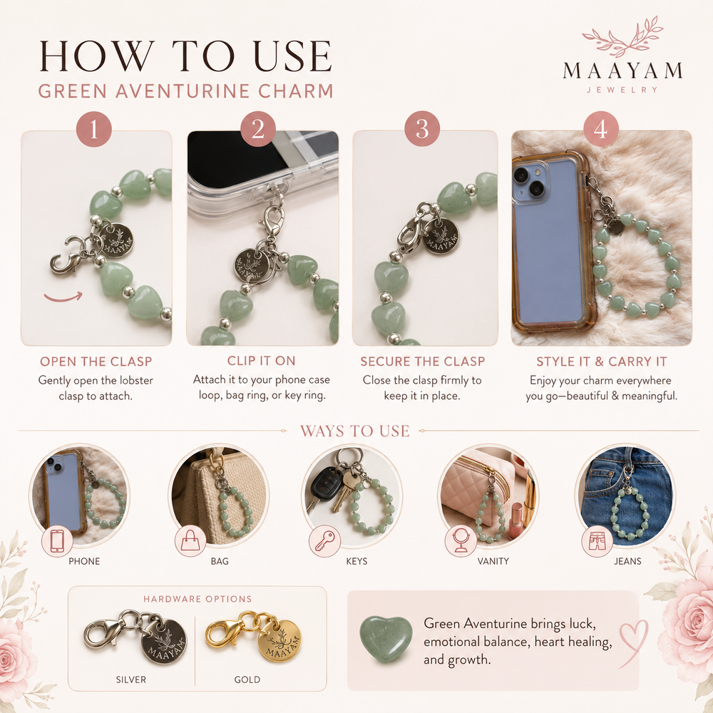 Maayam India Heart Phone Charm – Green Aventurine premium packaging