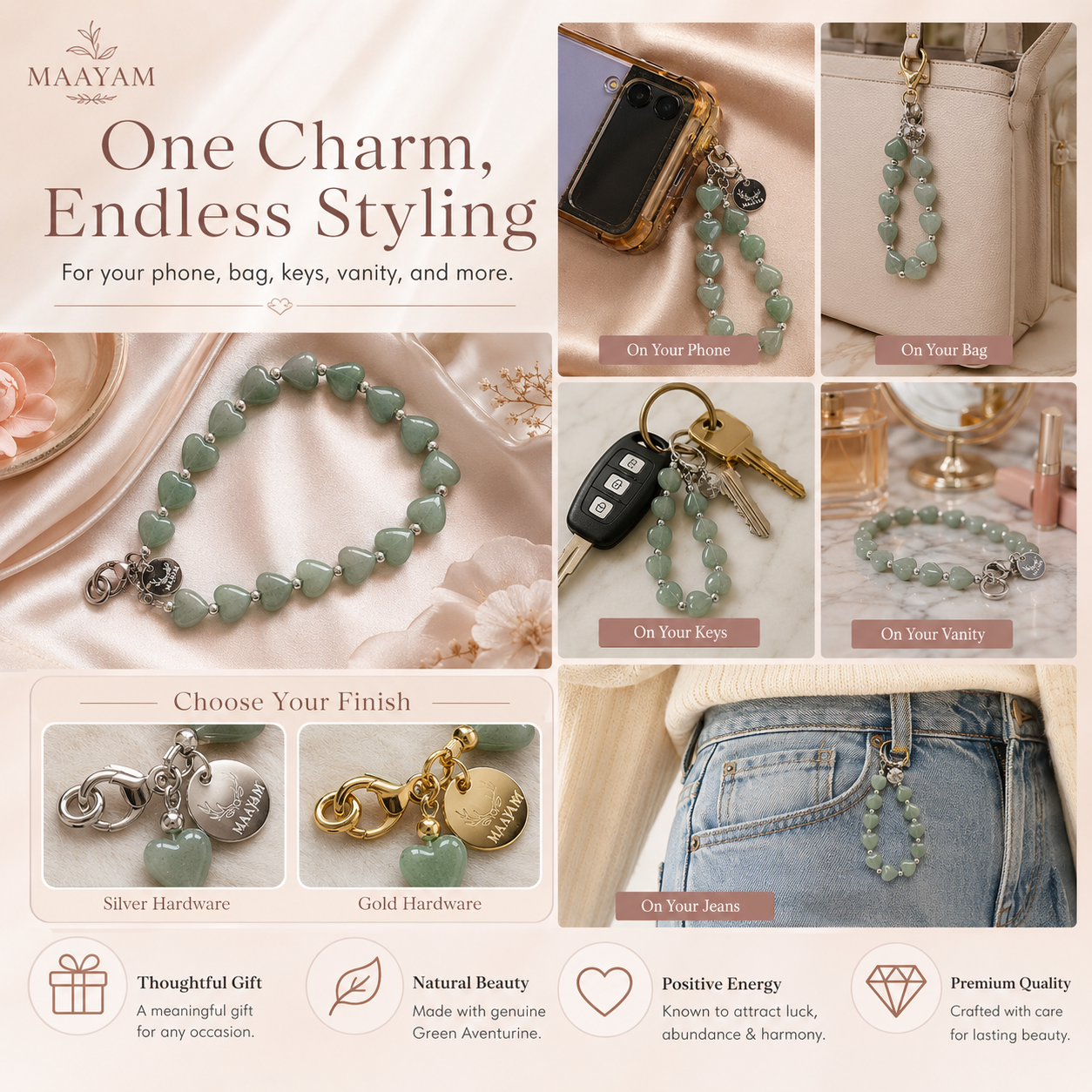 Heart Phone Charm – Green Aventurine lifestyle view — Maayam India