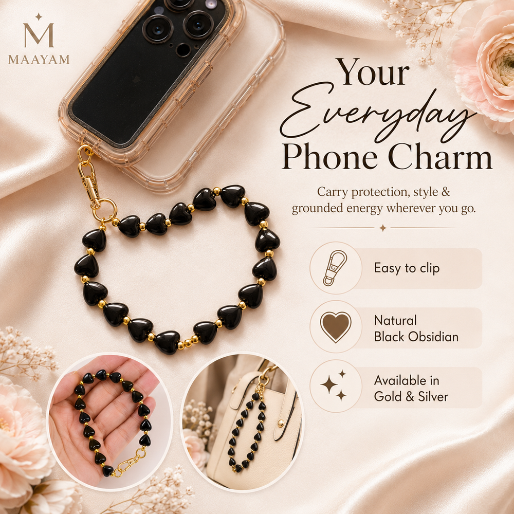 Heart Phone Charm – Black Obsidian with genuine heart-shaped Black Obsidian — Maayam India
