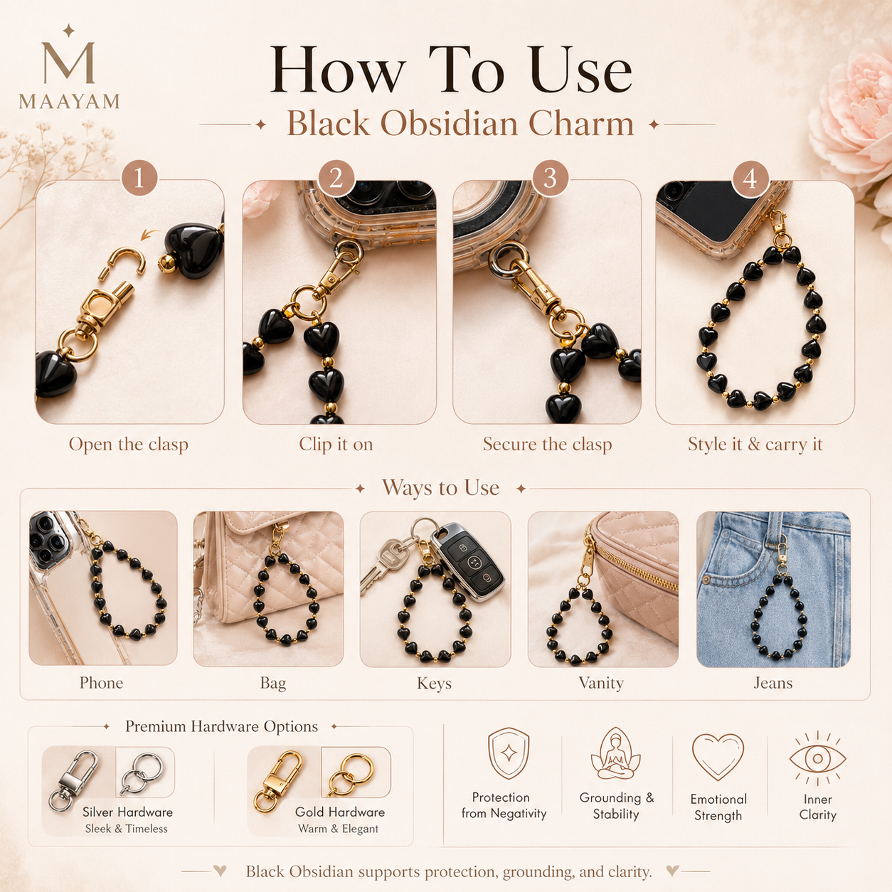 Maayam India Heart Phone Charm – Black Obsidian premium packaging