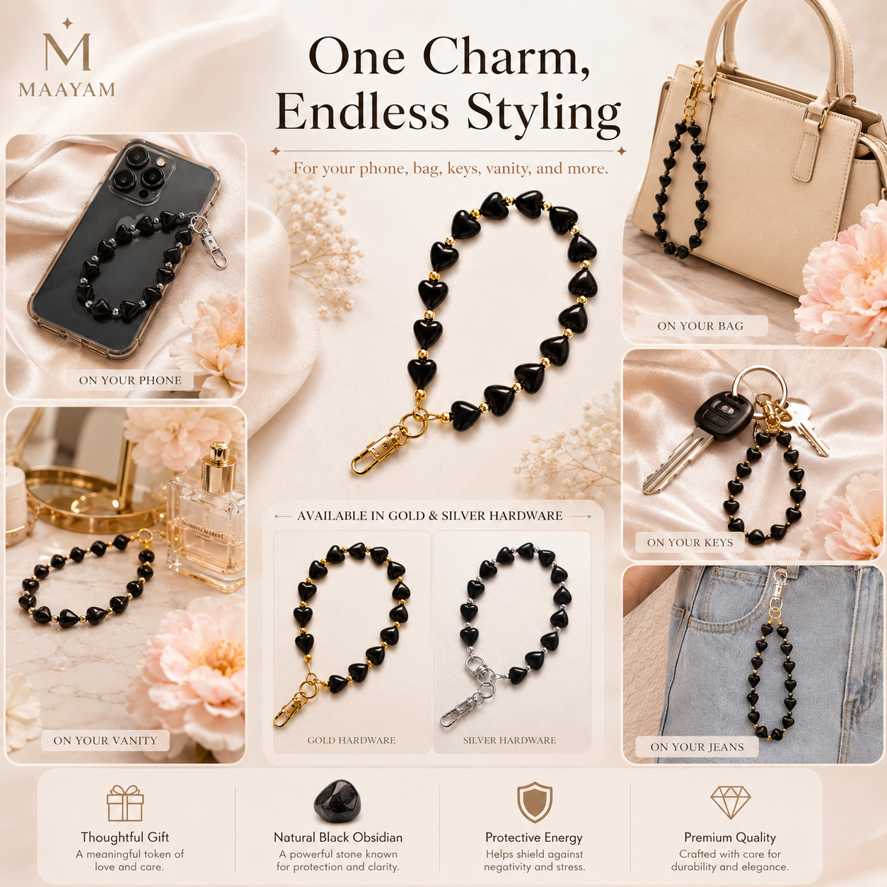 Heart Phone Charm – Black Obsidian lifestyle view — Maayam India