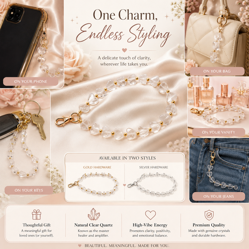 Heart Phone Charm – Clear Quartz lifestyle view — Maayam India