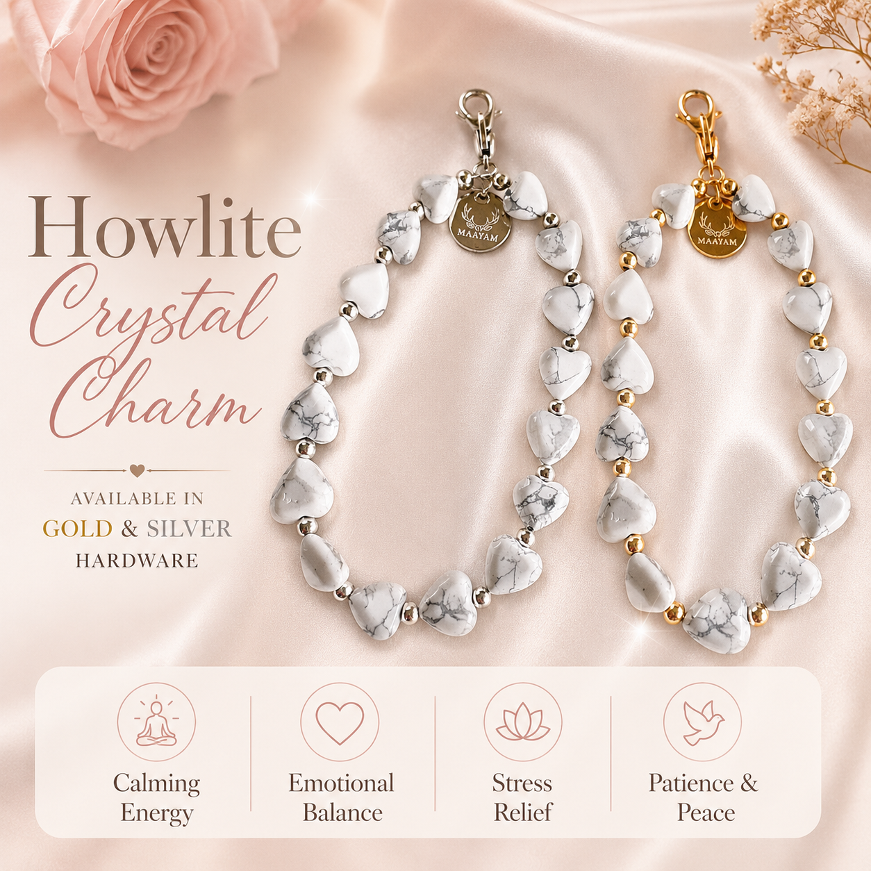 Heart Phone Charm – Howlite — crystal charm for calm and patience — Maayam India