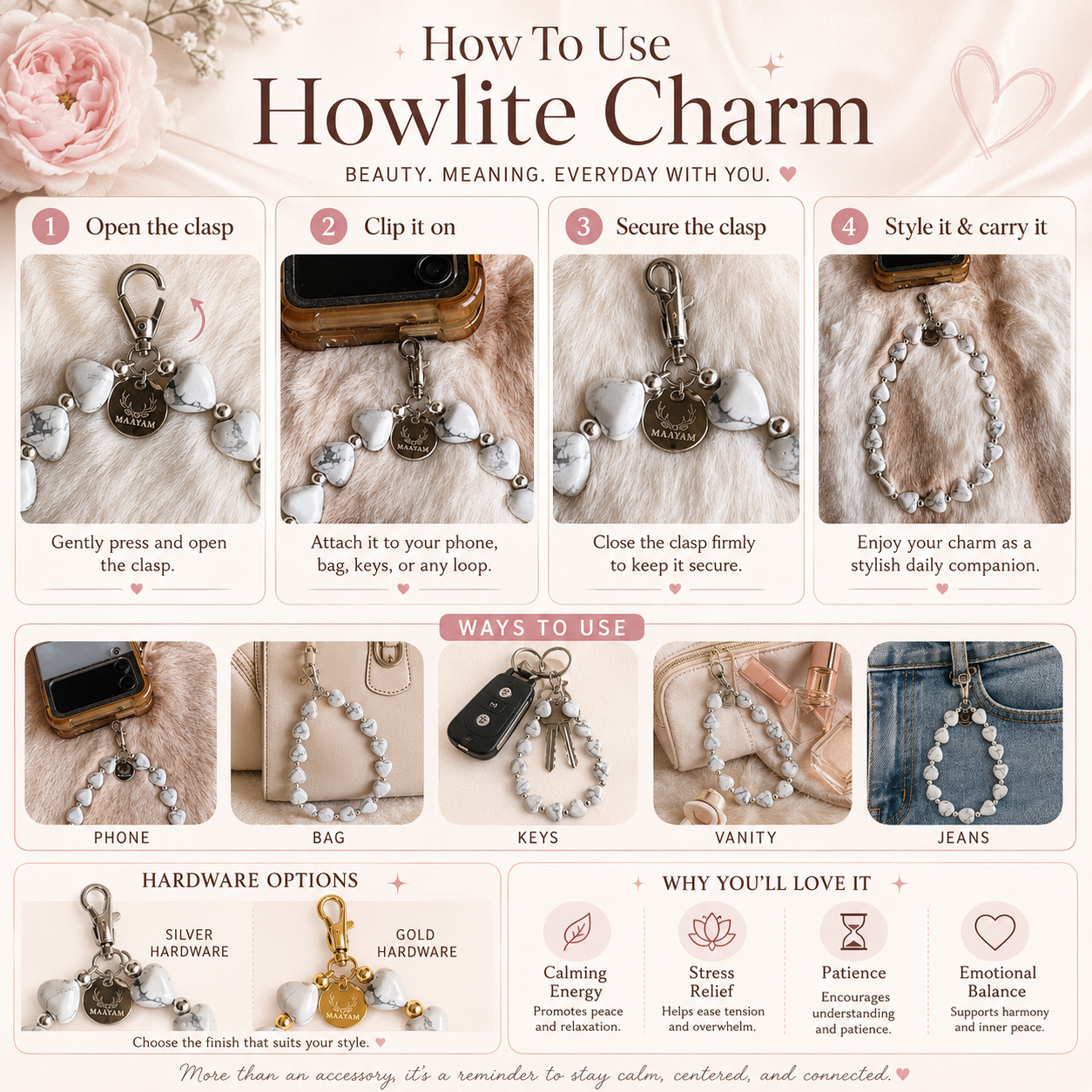 Heart Phone Charm – Howlite with genuine heart-shaped Howlite — Maayam India