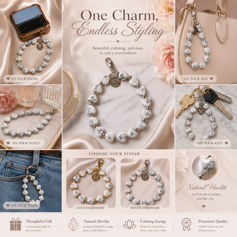 Heart Phone Charm – Howlite close-up detail of natural crystals — Maayam India