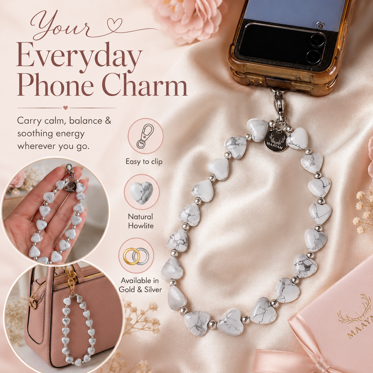Maayam India Heart Phone Charm – Howlite premium packaging