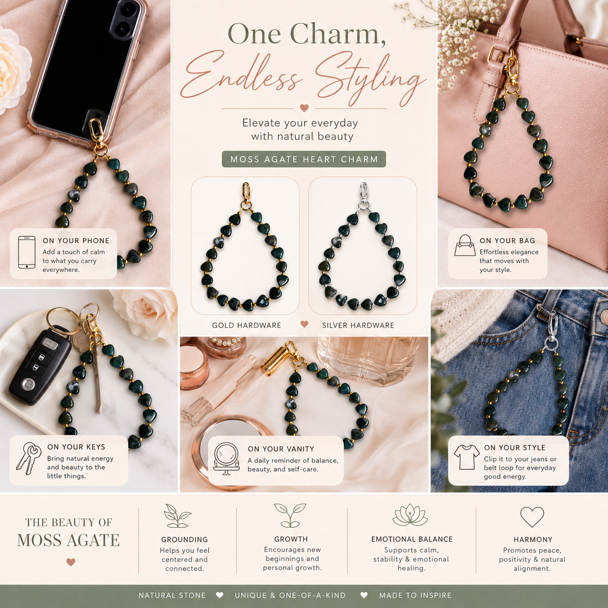Heart Phone Charm – Moss Agate with genuine heart-shaped Moss Agate — Maayam India