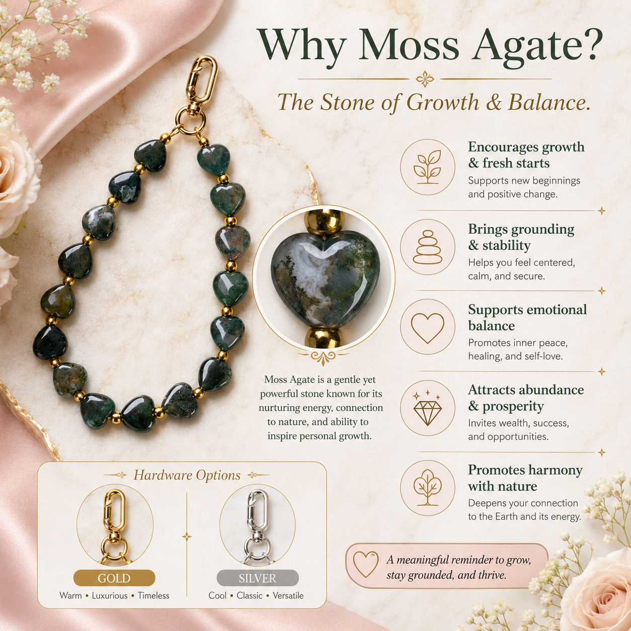 Heart Phone Charm – Moss Agate close-up detail of natural crystals — Maayam India
