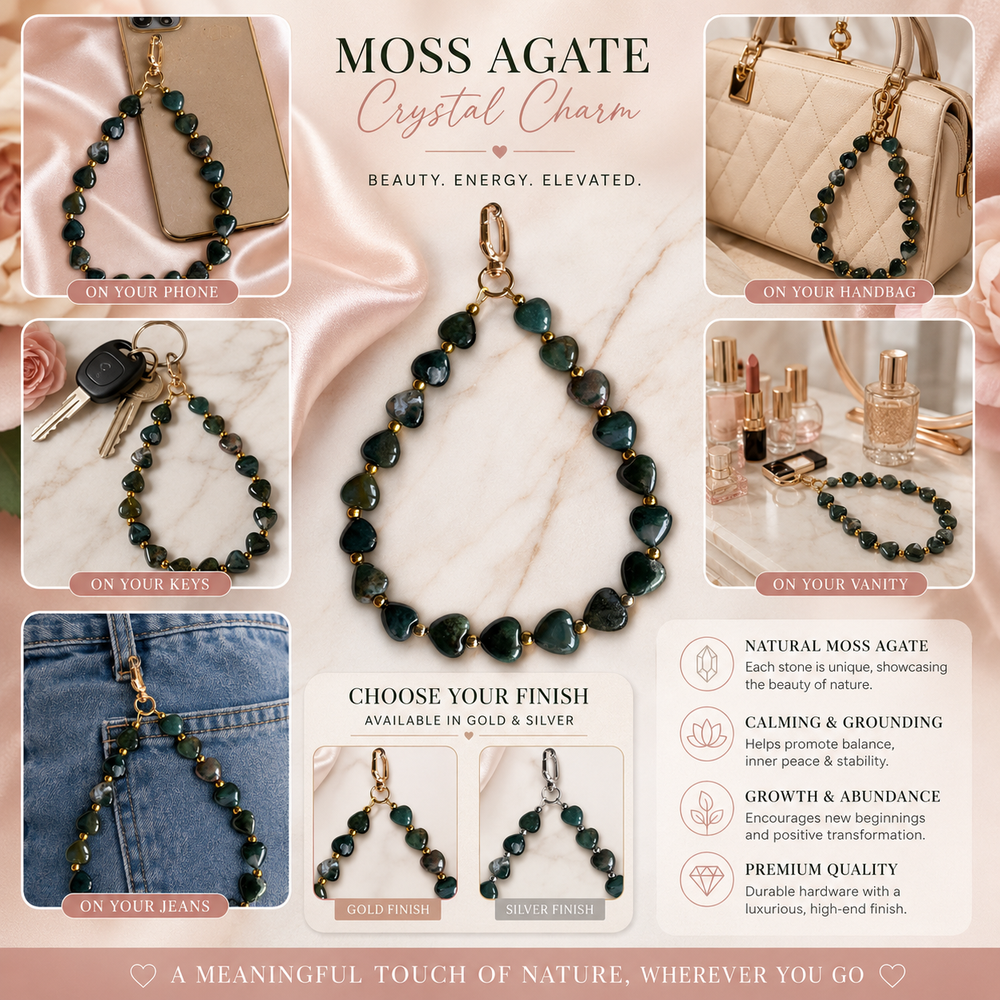 Heart Phone Charm – Moss Agate lifestyle view — Maayam India