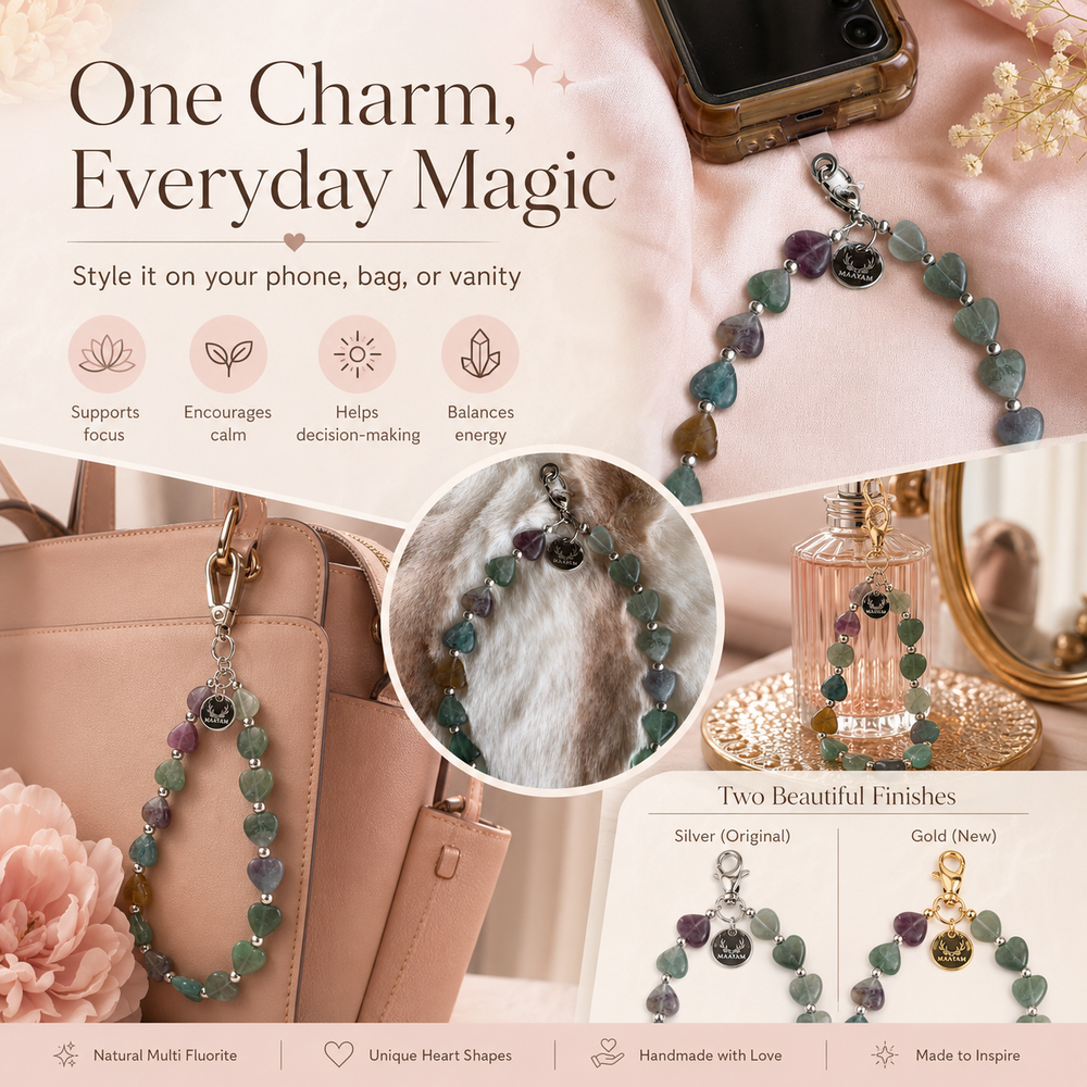 Heart Phone Charm – Multi Fluorite with genuine heart-shaped Multi Fluorite — Maayam India
