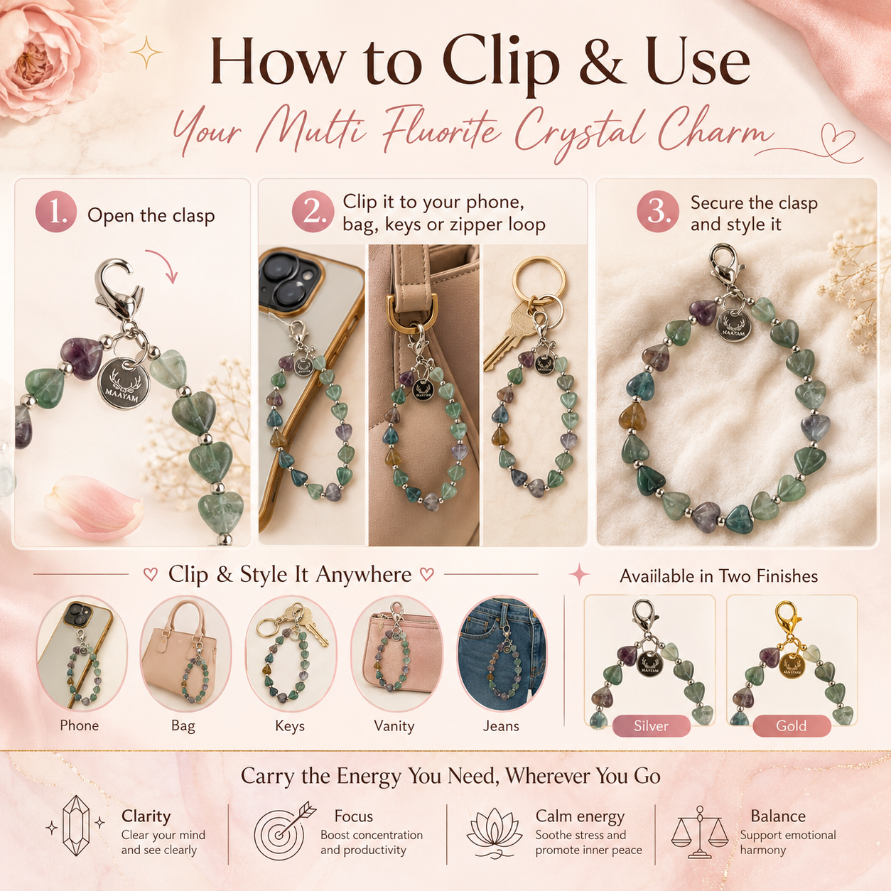 Maayam India Heart Phone Charm – Multi Fluorite premium packaging