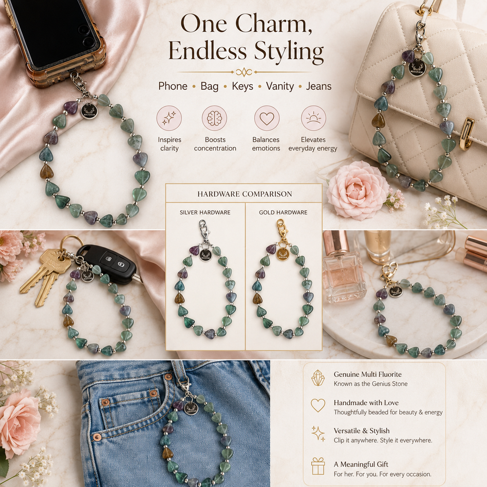 Heart Phone Charm – Multi Fluorite lifestyle view — Maayam India