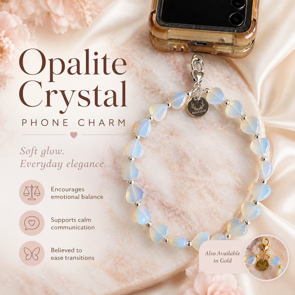 Heart Phone Charm – Opalite — crystal charm for serenity and smooth transitions — Maayam India