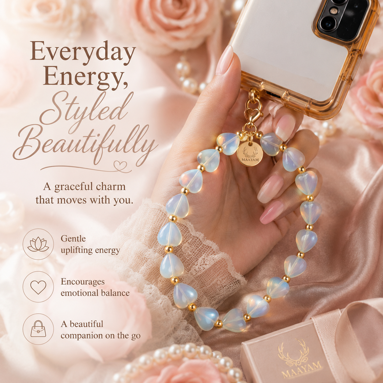 Heart Phone Charm – Opalite with genuine heart-shaped Opalite — Maayam India