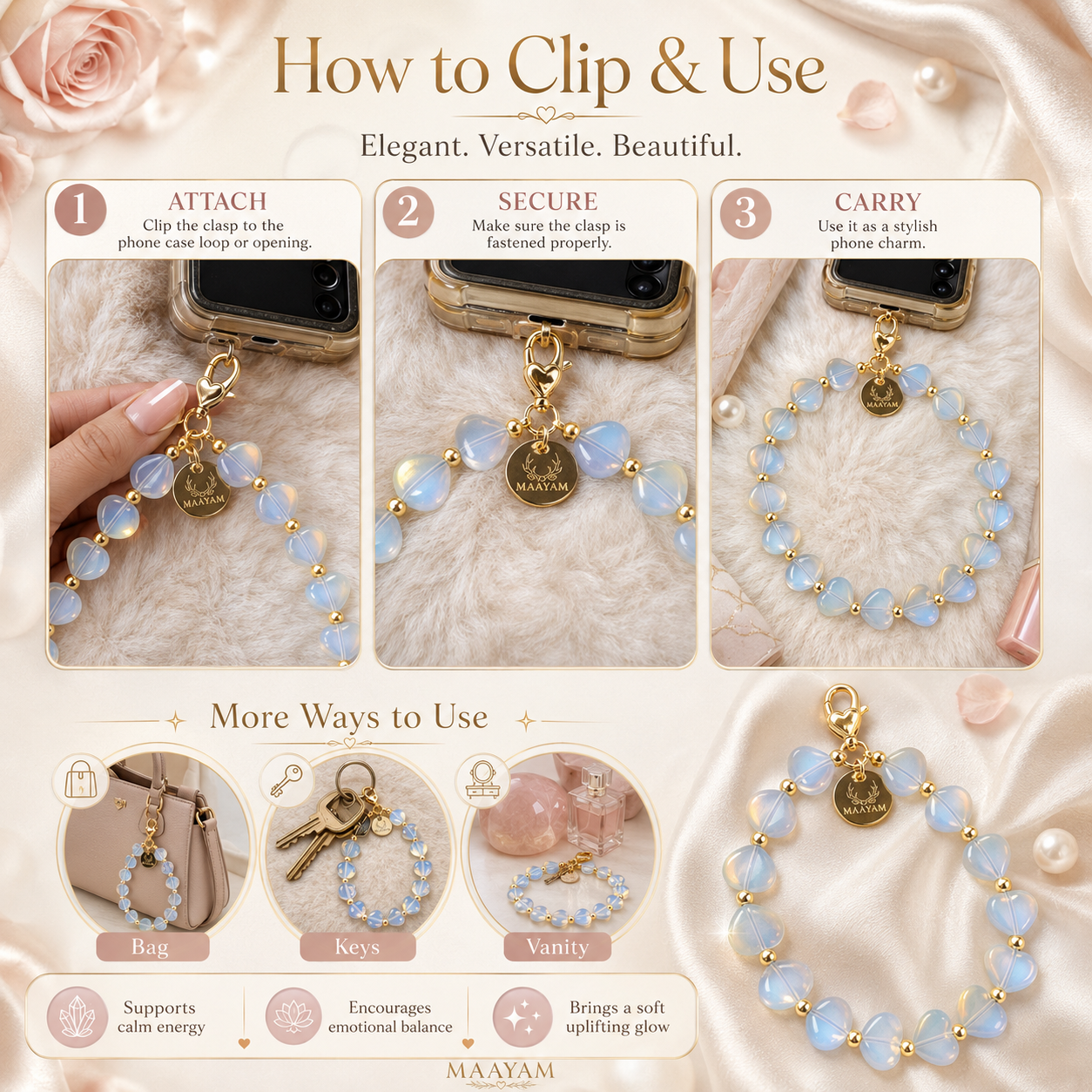 Maayam India Heart Phone Charm – Opalite premium packaging