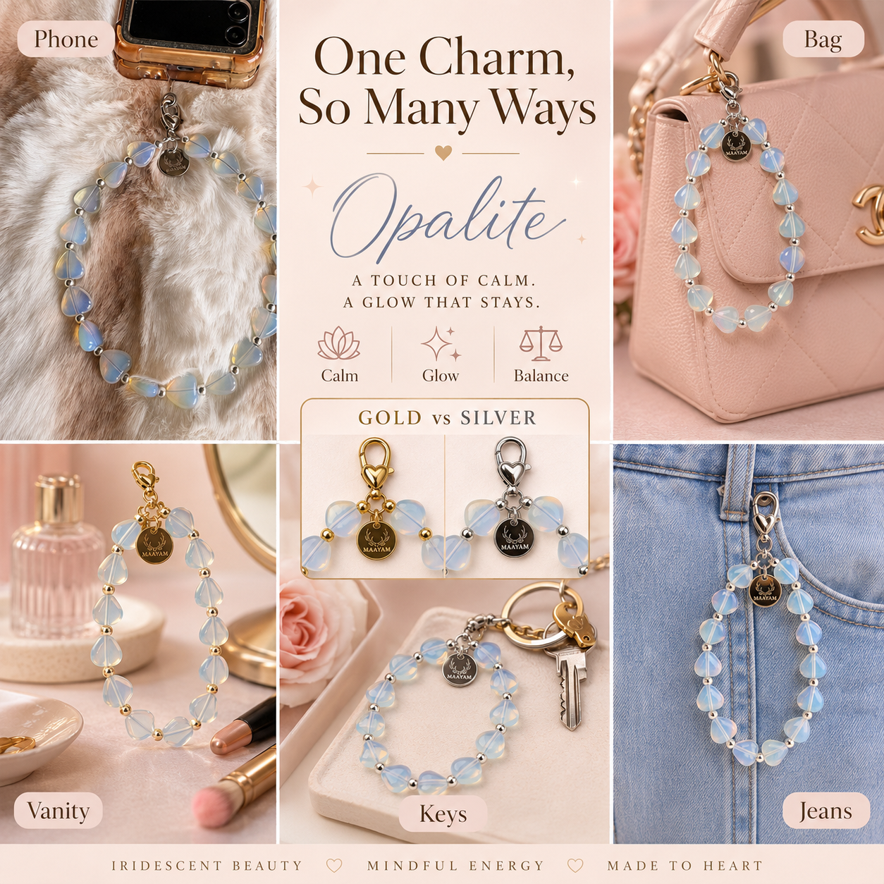 Heart Phone Charm – Opalite lifestyle view — Maayam India