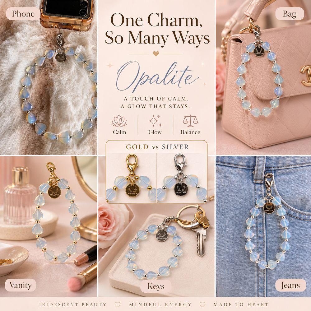 Heart Phone Charm – Opalite lifestyle view — Maayam India