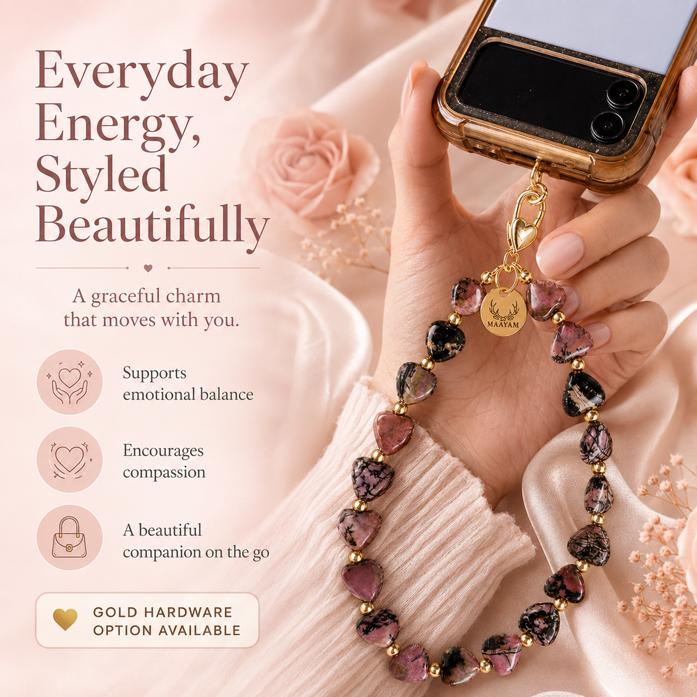 Heart Phone Charm – Rhodonite with genuine heart-shaped Rhodonite — Maayam India