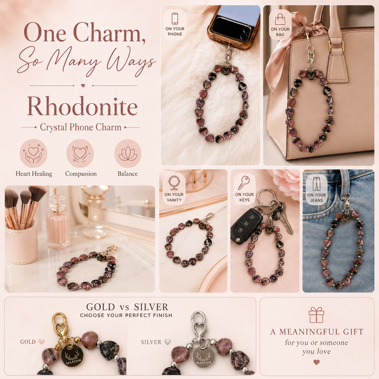 Heart Phone Charm – Rhodonite lifestyle view — Maayam India