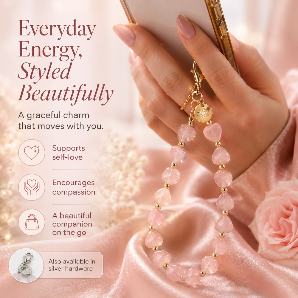 Heart Phone Charm – Rose Quartz with genuine heart-shaped Rose Quartz — Maayam India