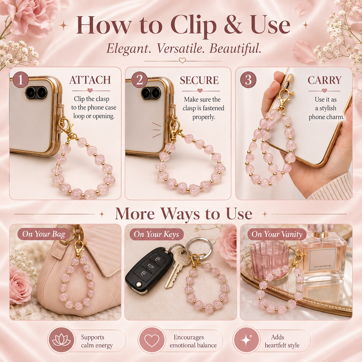 Heart Phone Charm – Rose Quartz lifestyle view — Maayam India