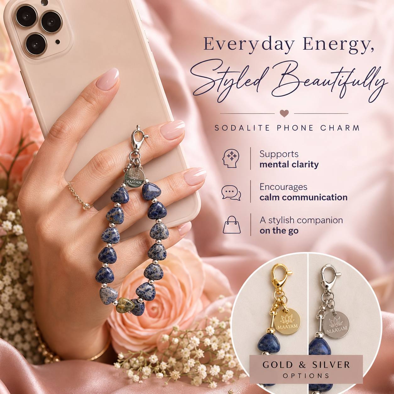 Heart Phone Charm – Sodalite with genuine heart-shaped Sodalite — Maayam India