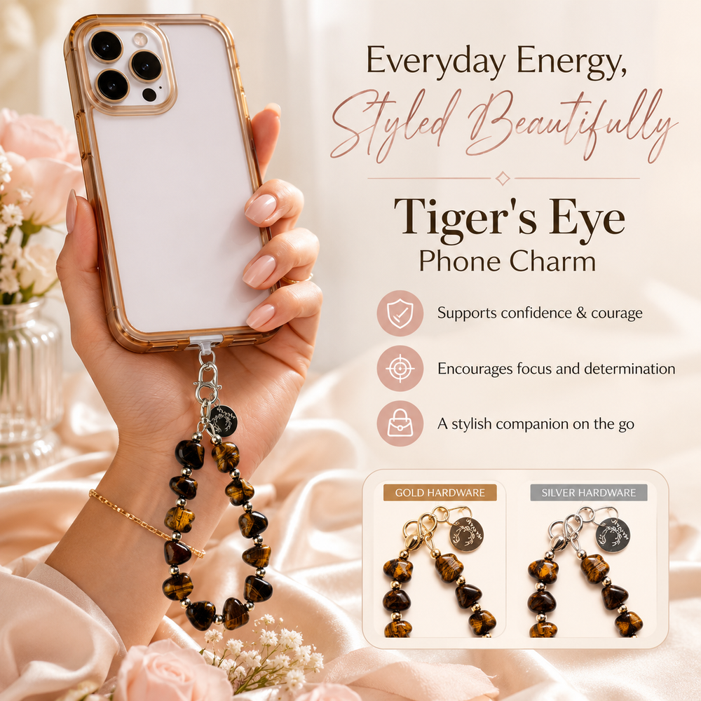 Heart Phone Charm – Tiger Eye lifestyle view — Maayam India