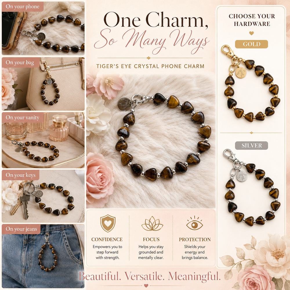 Heart Phone Charm – Tiger Eye with genuine heart-shaped Tiger Eye — Maayam India