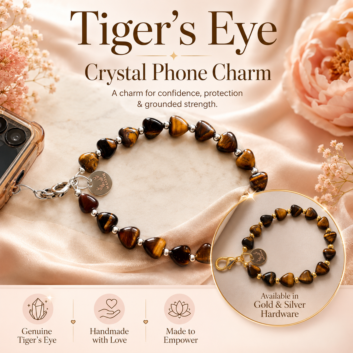 Heart Phone Charm – Tiger Eye — crystal charm for courage and confidence — Maayam India