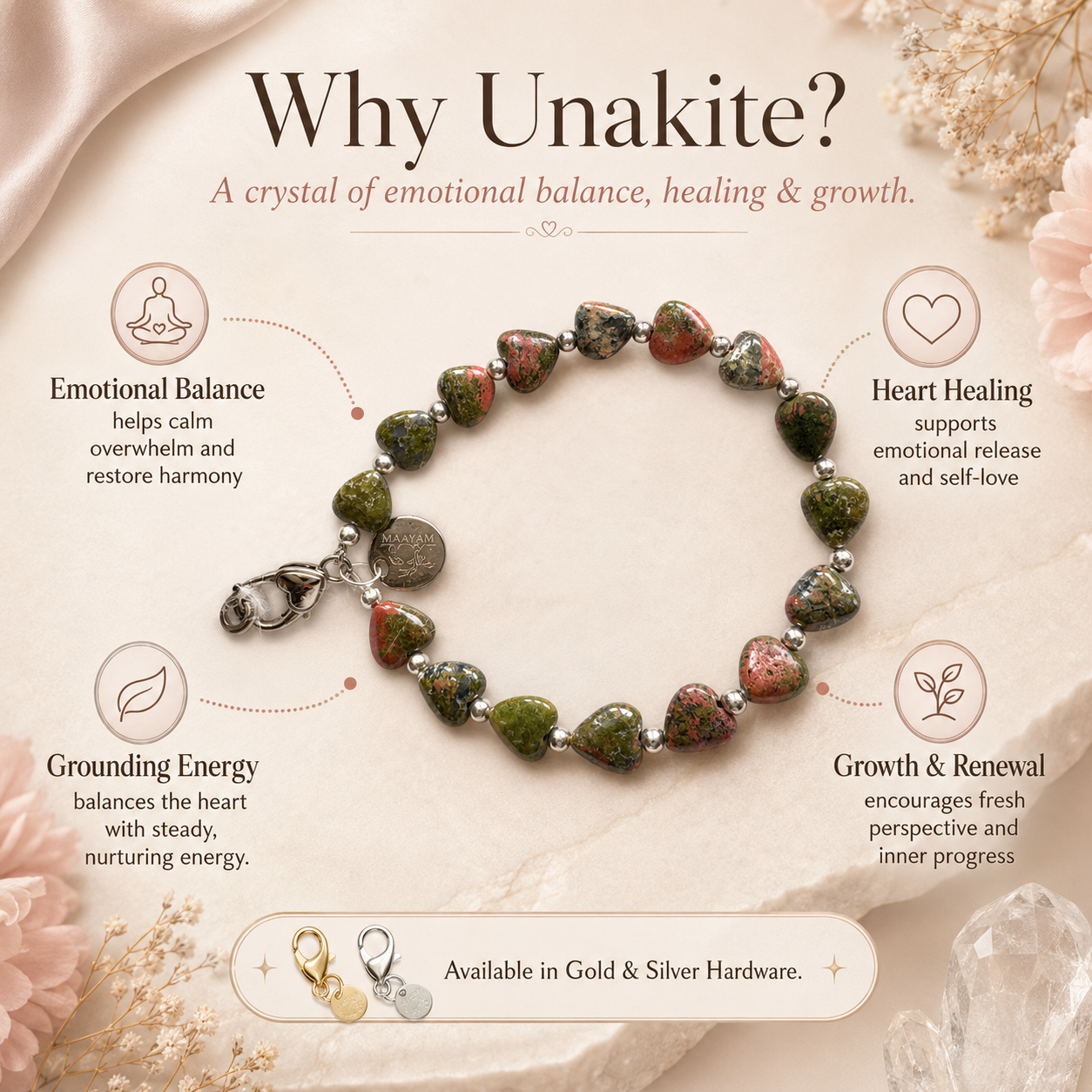 Heart Phone Charm – Unakite close-up detail of natural crystals — Maayam India