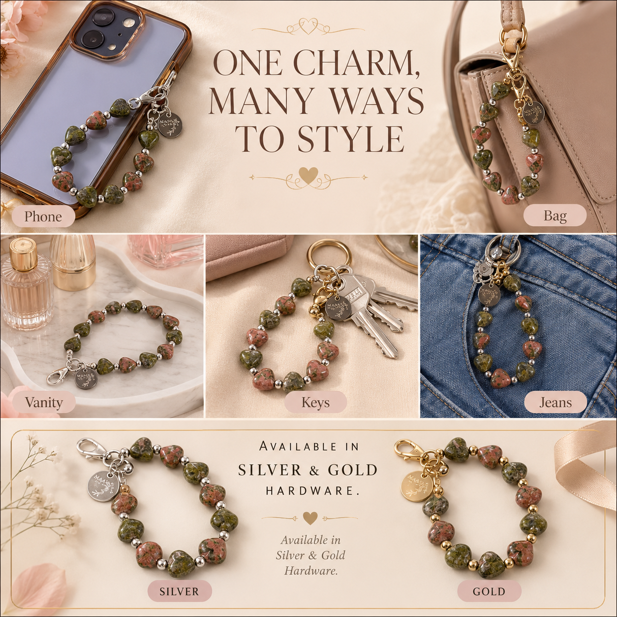 Heart Phone Charm – Unakite lifestyle view — Maayam India