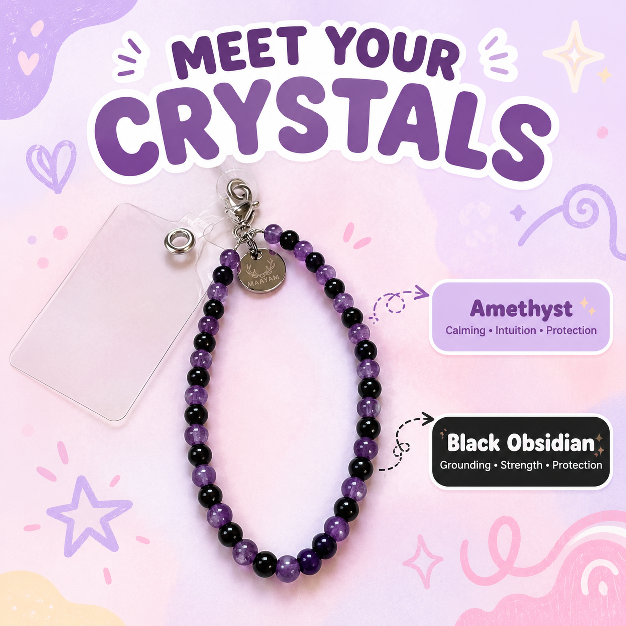Calm & Clarity Phone Charm (Black Obsidian + Amethyst)