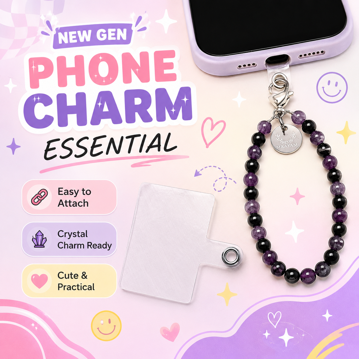 Calm & Clarity Phone Charm (Black Obsidian + Amethyst)