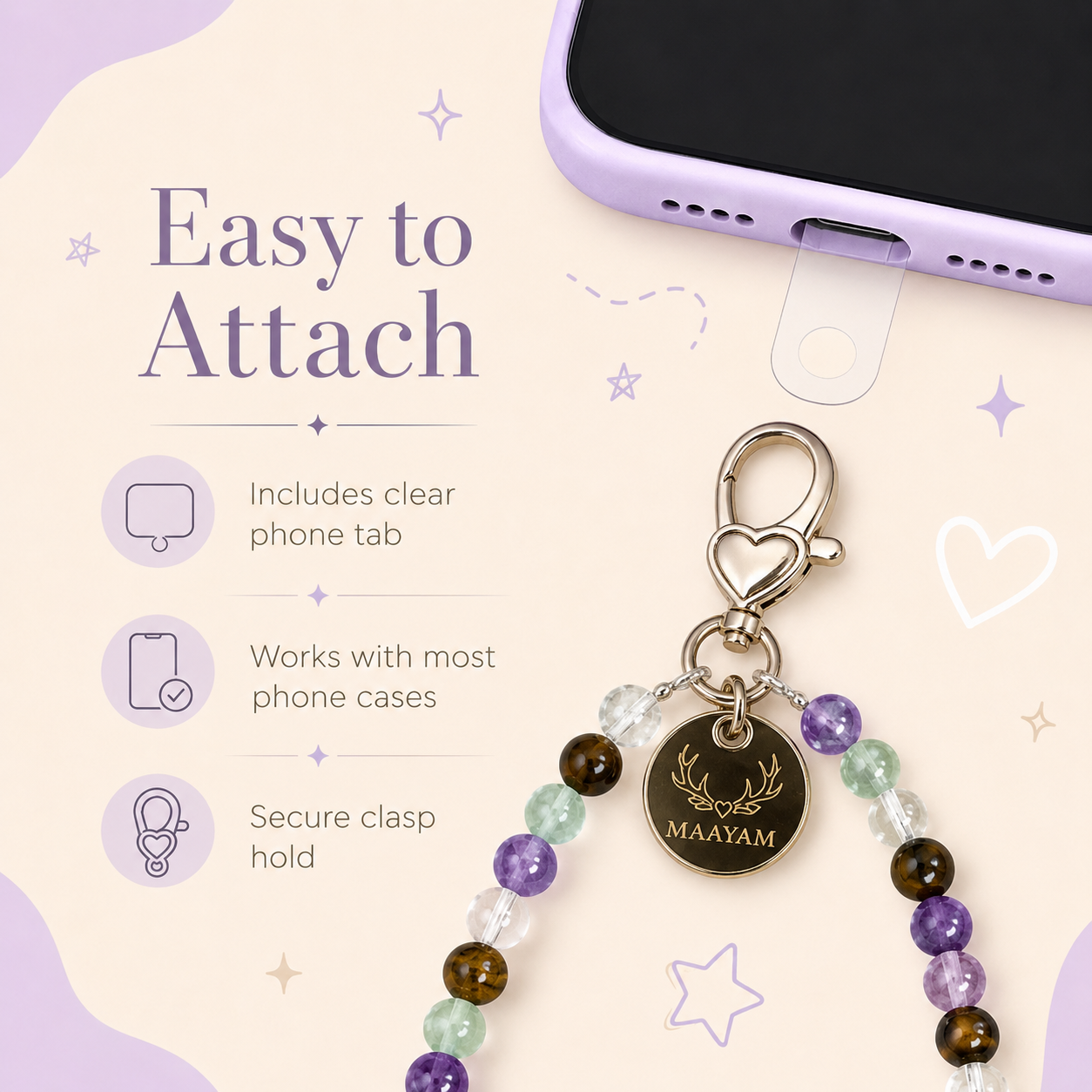 Focus & Flow Phone Charm (Fluorite + Clear Quartz + Amethyst + Tiger Eye)