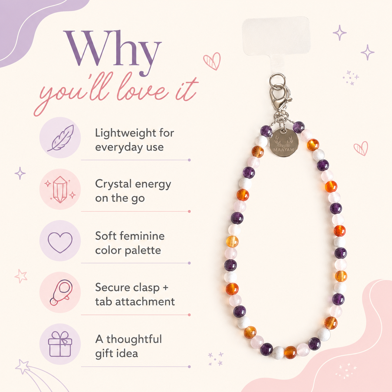 Divine Feminine Phone Charm (Moonstone + Carnelian + Rose Quartz + Amethyst)