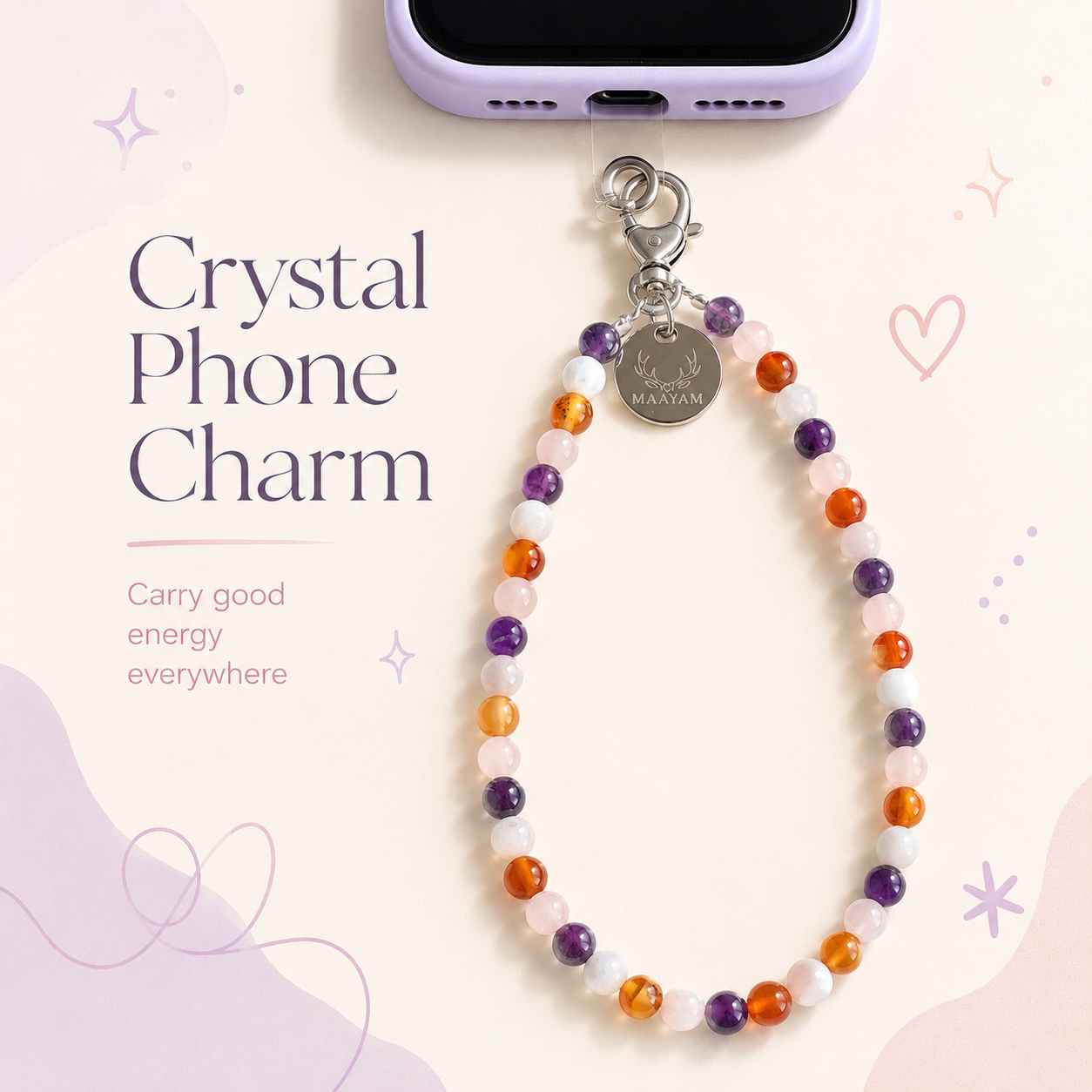 Divine Feminine Phone Charm (Moonstone + Carnelian + Rose Quartz + Amethyst)