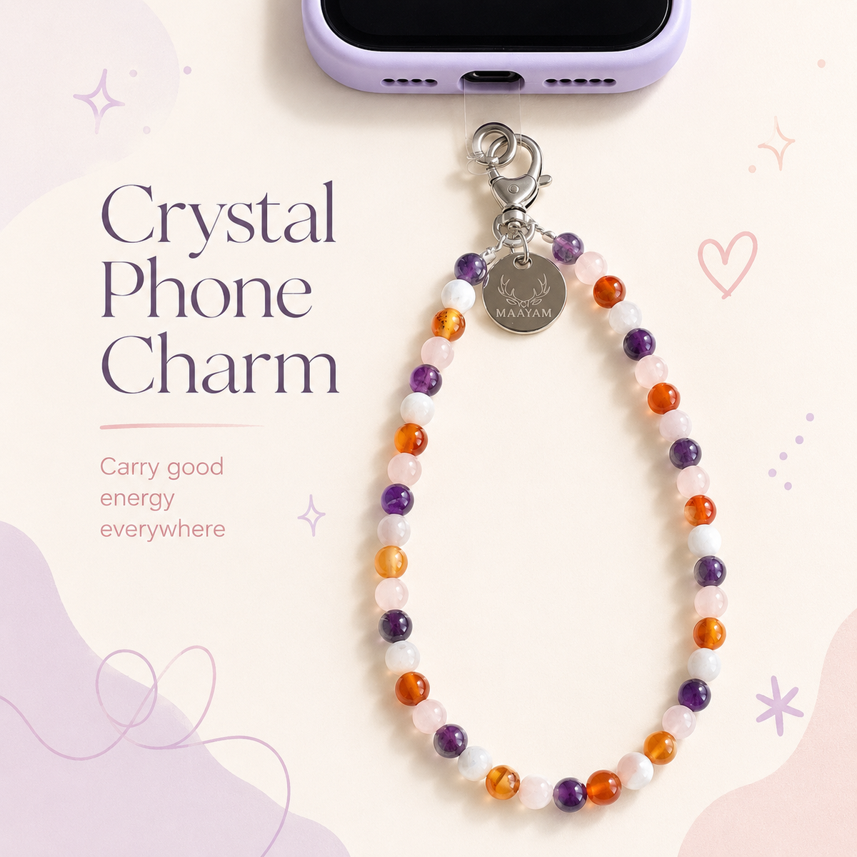 Divine Feminine Phone Charm (Moonstone + Carnelian + Rose Quartz + Amethyst)