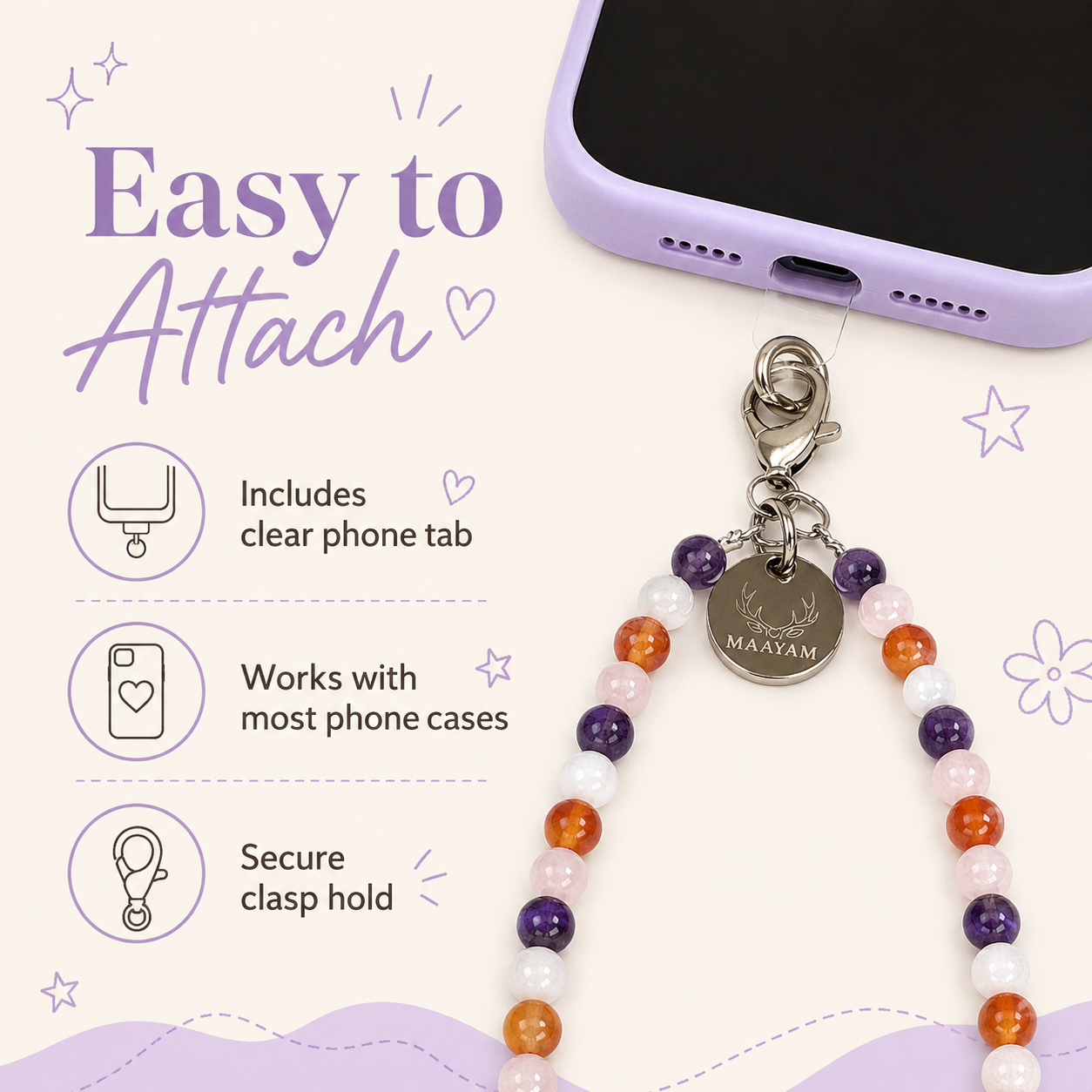 Divine Feminine Phone Charm (Moonstone + Carnelian + Rose Quartz + Amethyst)