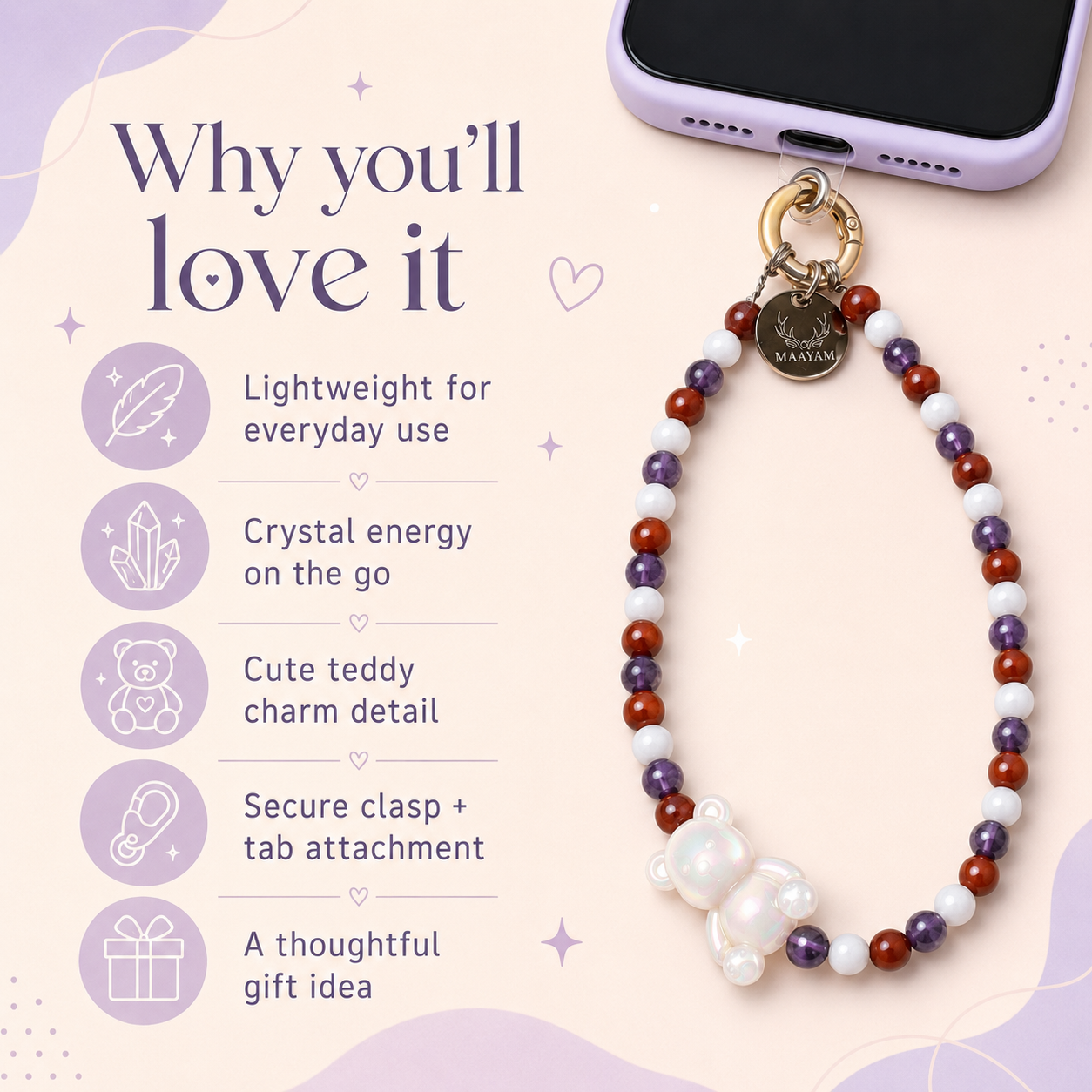 Grounded Intuition Phone Charm (Moonstone + Red Jasper + Amethyst)
