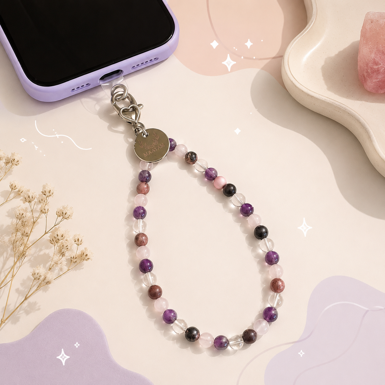 Healed Heart Phone Charm (Rose Quartz + Rhodonite + Amethyst + Clear Quartz)