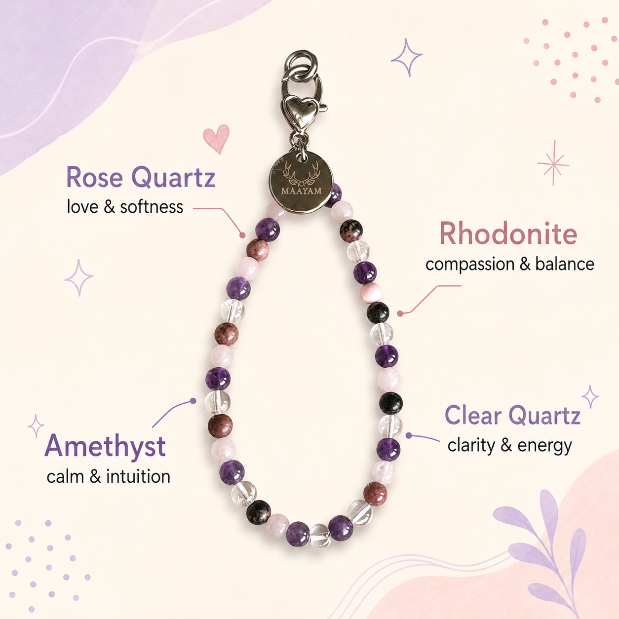 Healed Heart Phone Charm (Rose Quartz + Rhodonite + Amethyst + Clear Quartz)