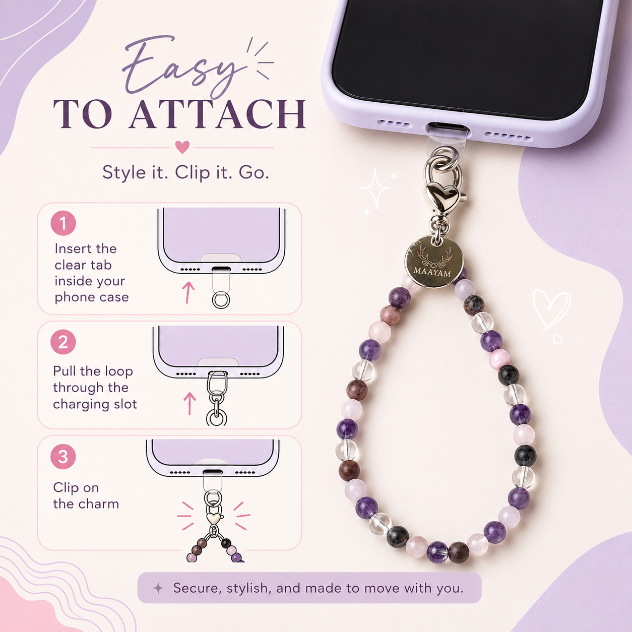 Healed Heart Phone Charm (Rose Quartz + Rhodonite + Amethyst + Clear Quartz)
