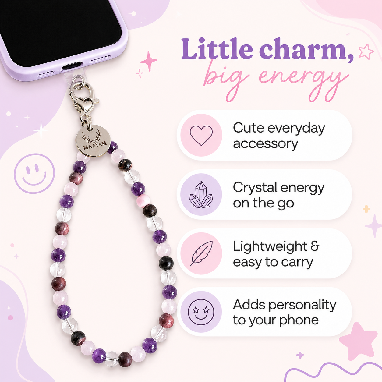 Healed Heart Phone Charm (Rose Quartz + Rhodonite + Amethyst + Clear Quartz)